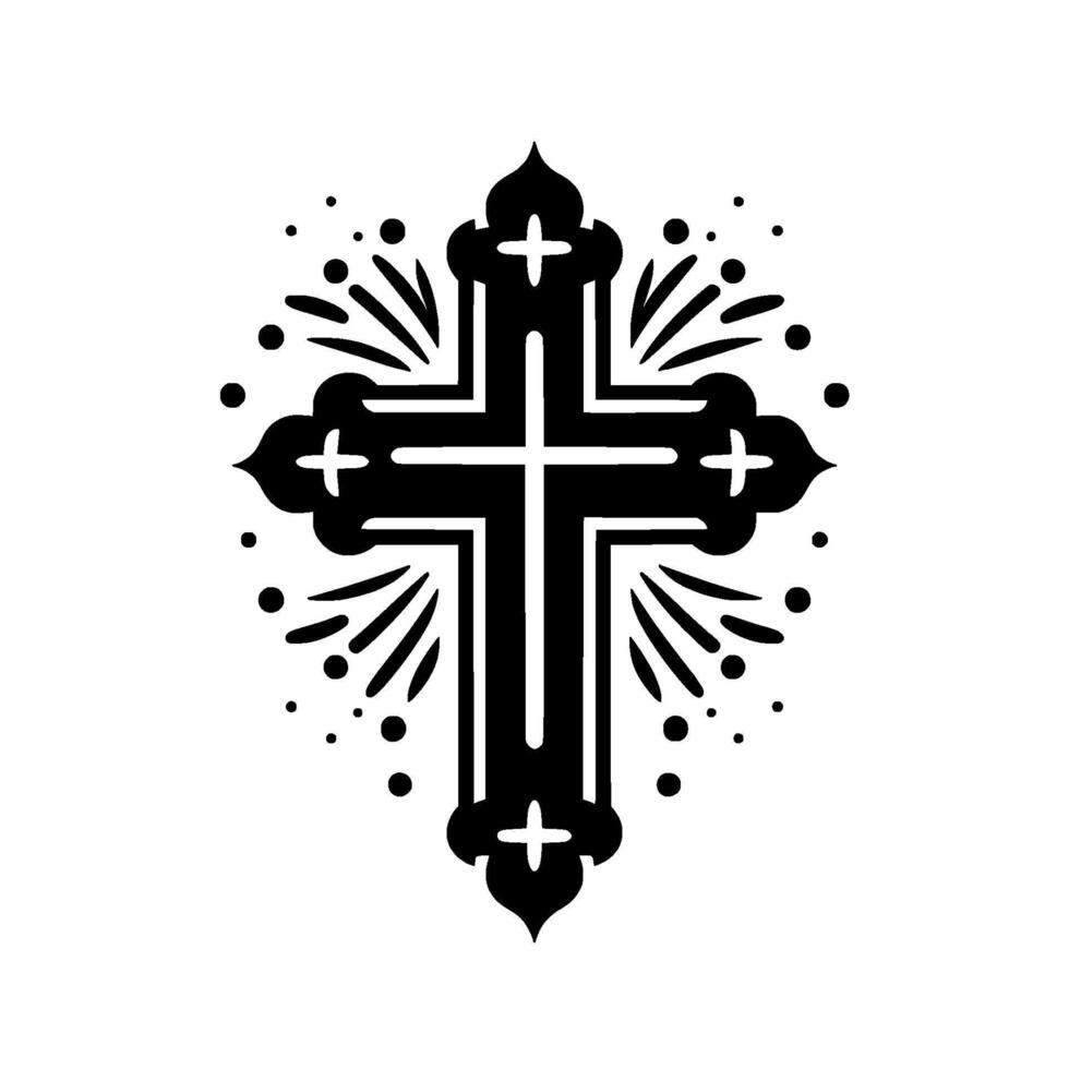 Elegant black Christian cross with ornate detailing, surrounded by stylized bursts and dots on a stark white background, symbolizing faith and hope. vector