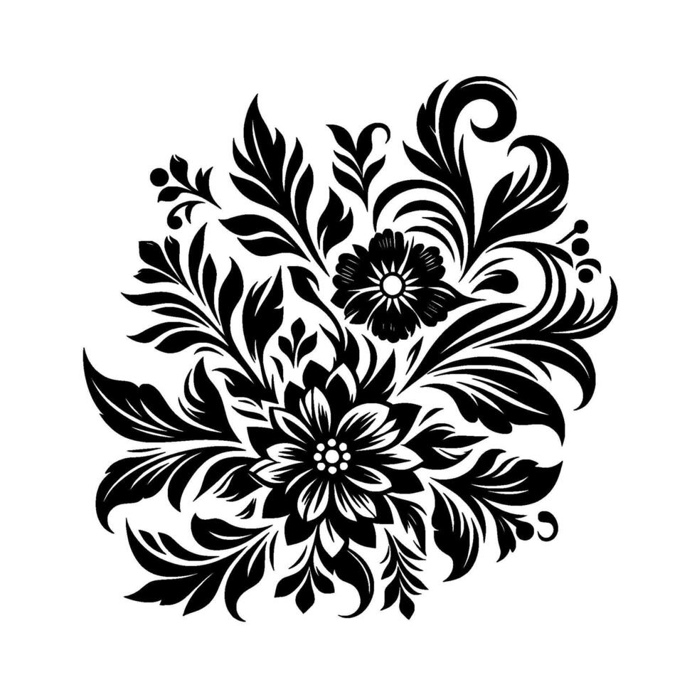 Elegant Black Floral Ornament with Detailed Leaves and Swirls, Isolated on White Background vector