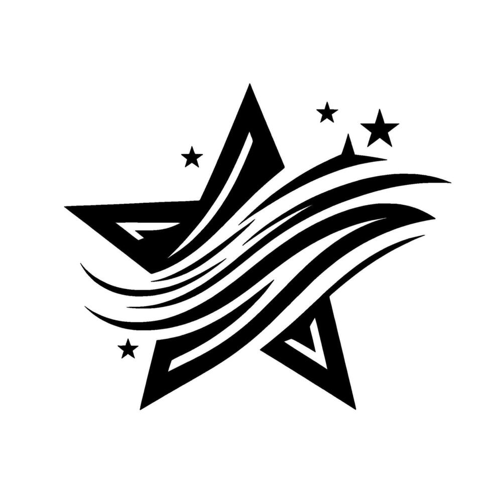 Black and white stylized star featuring a bold fivepointed star with flowing striped elements, and small stars. vector