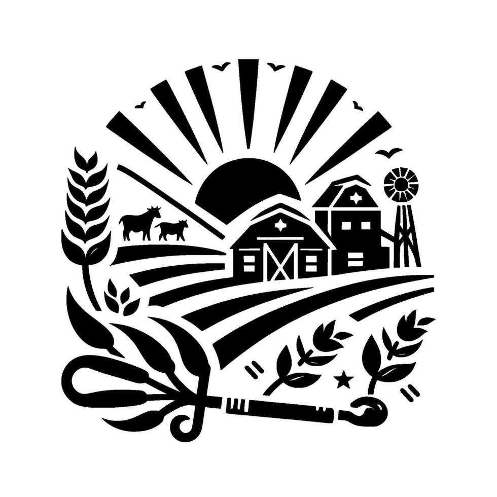 Rustic Farm Scene Silhouetted Sunrise Over Barns, Animals, Wheat Windmill, Style . vector