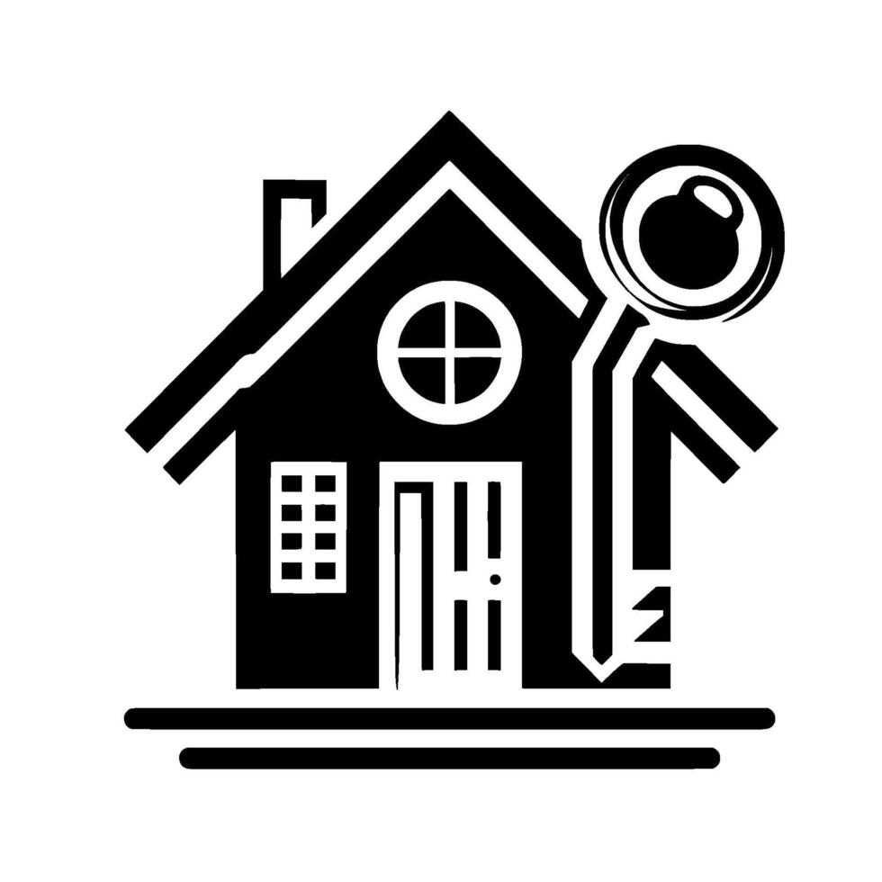 Minimalist Black and White Illustration of a House with a Magnifying Glass Symbolizing Home Search or Real Estate. vector