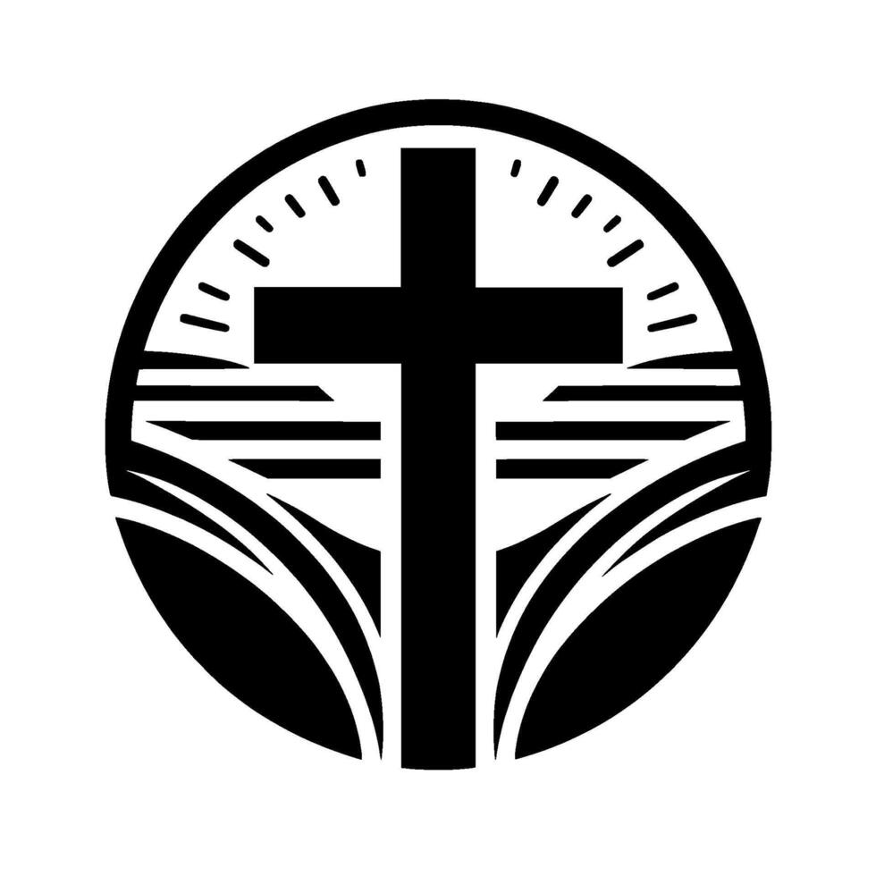 A black and white minimalist emblem featuring a Christian cross centered within a circle, incorporating stylized elements that appear to be waves and a partially visible clock face. vector