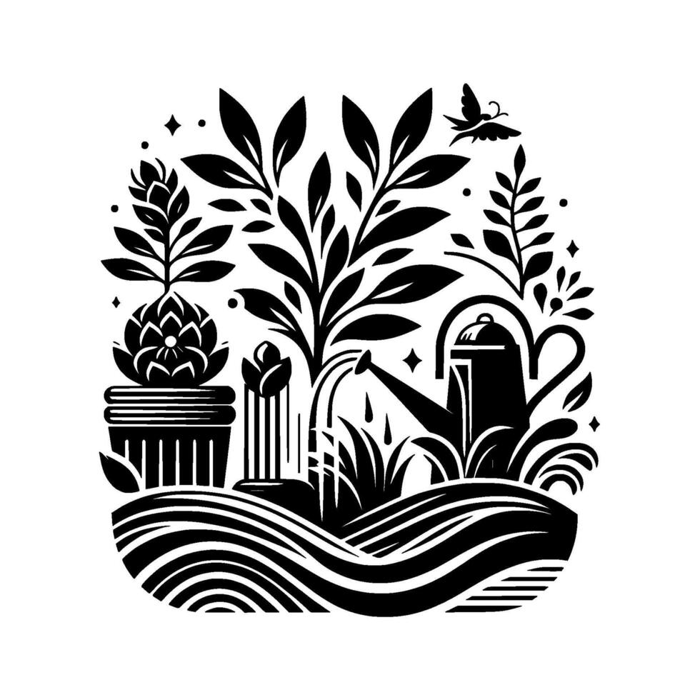 Minimalist Black and White Garden Illustration with Plants, Watering Can, Butterfly, and Flowing Water. vector