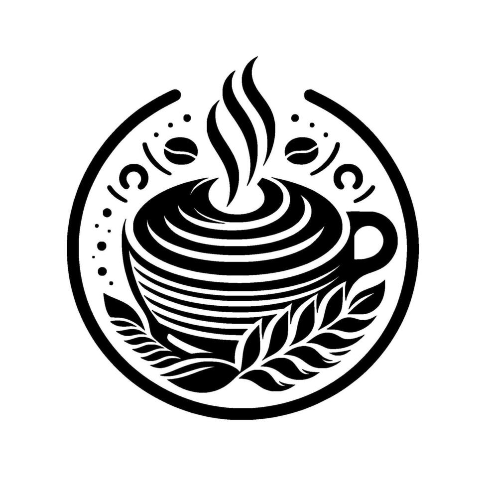 Elegant Black and White Coffee Cup in Circle Frame with Steam, Beans, and Leafy Ornamentation vector