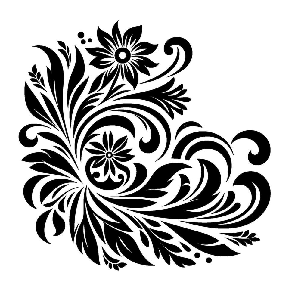 Elegant Black and White Floral Corner Featuring Flowers, Leaves, and Swirls on a Clean White Background. vector