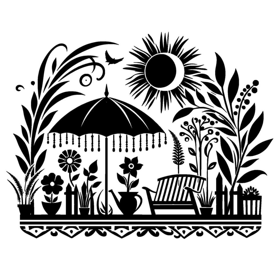Black and white garden scene with a parasol, bench, and blooming flowers under a stylized sun, creating a serene and inviting atmosphere. vector