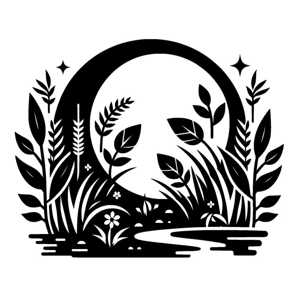 Black and white minimalist illustration of a stylized natural landscape, featuring a moon, flora, stars, and a meandering path. vector