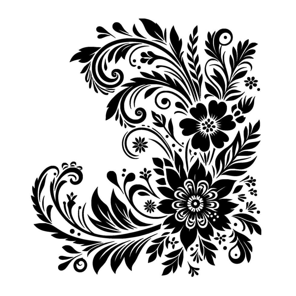 Elegant Floral in Black and White A Decorative Corner Composition of Flourishes, Blooms, and Leafy Elements on a White Background. vector