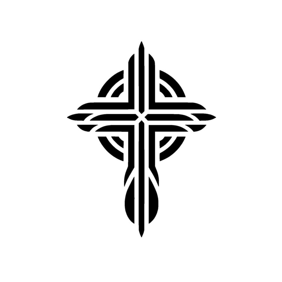 Ornate Black Cross with Geometric Centered on a White Background, Featuring Stylized Lines and a Circular Element vector