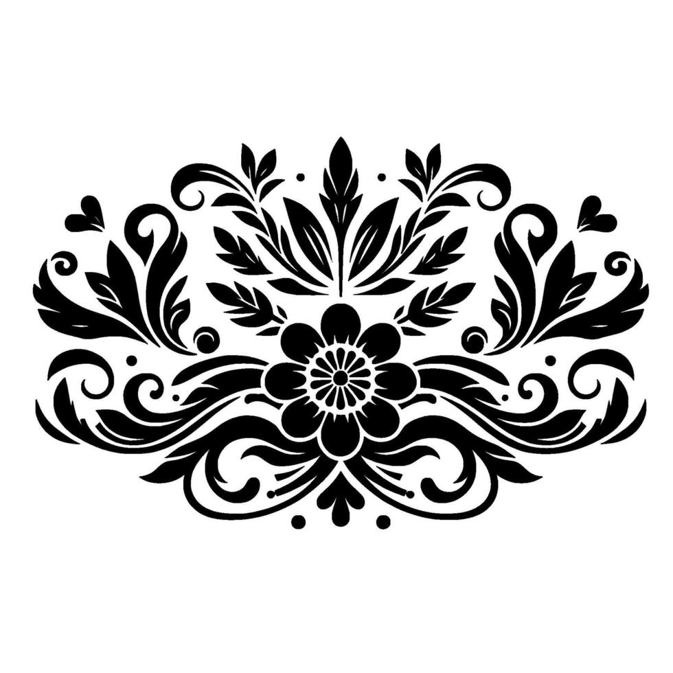 Intricate Black and White Floral Ornament with Detailed Flourishes, Leaf Elements, and Symmetrical , Isolated on White. vector