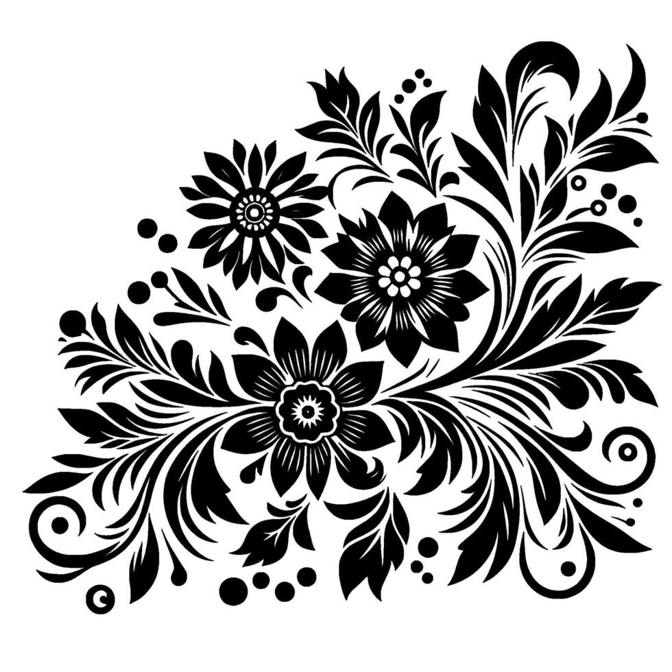 Ornate Black Floral Corner with Detailed Petals, Leaves, and Decorative Swirls on White Background, Isolated Flourish. vector