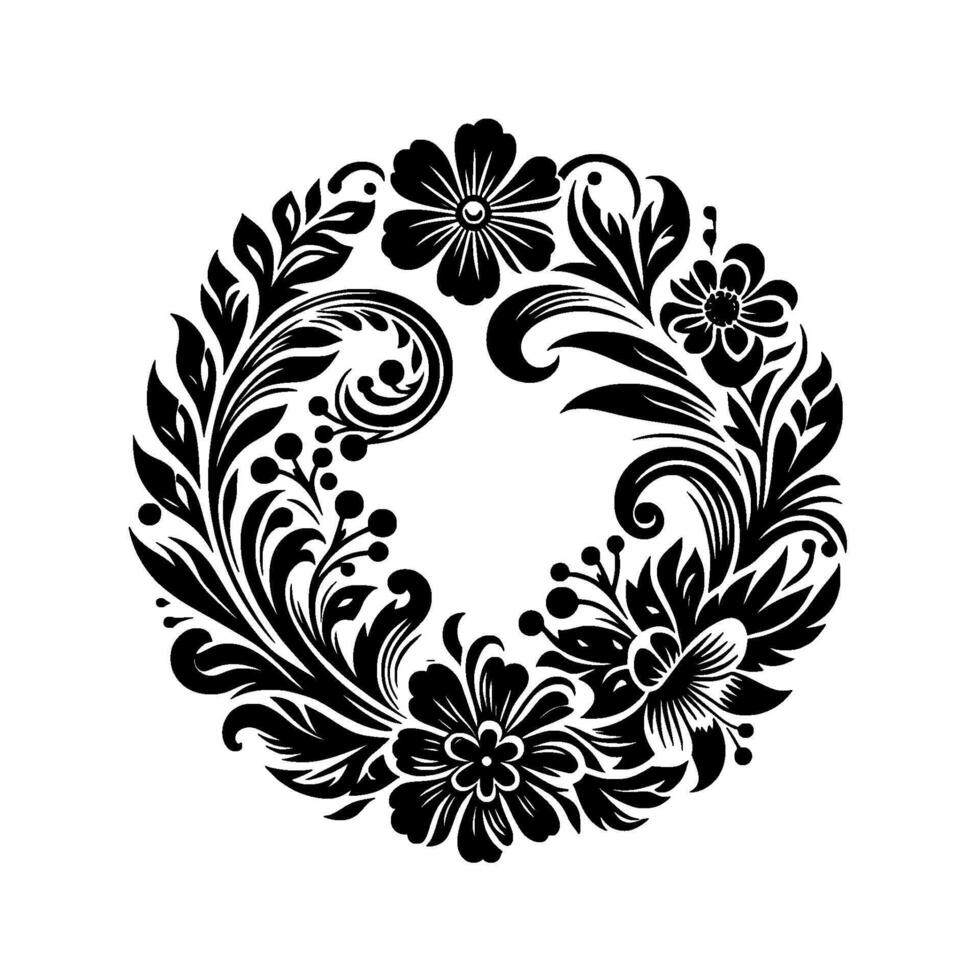 Ornate Black and White Floral Wreath with Leaves, Berries, and Spirals, Isolated on White Background. vector