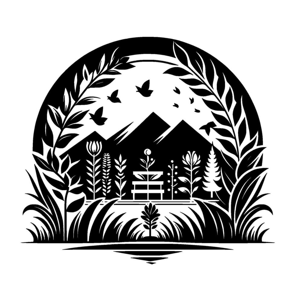 Black and white nature illustration within a semicircle mountains, birds, florals, bench, and surrounding foliage. vector