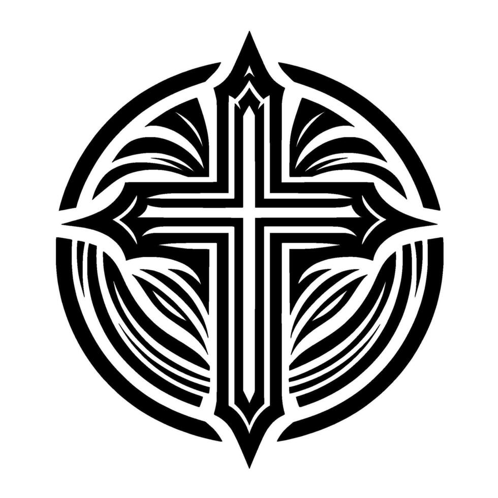 Intricate Black and White Illustration of a Cross within a Decorative Circular Frame, Symbolizing Faith and Spirituality. vector