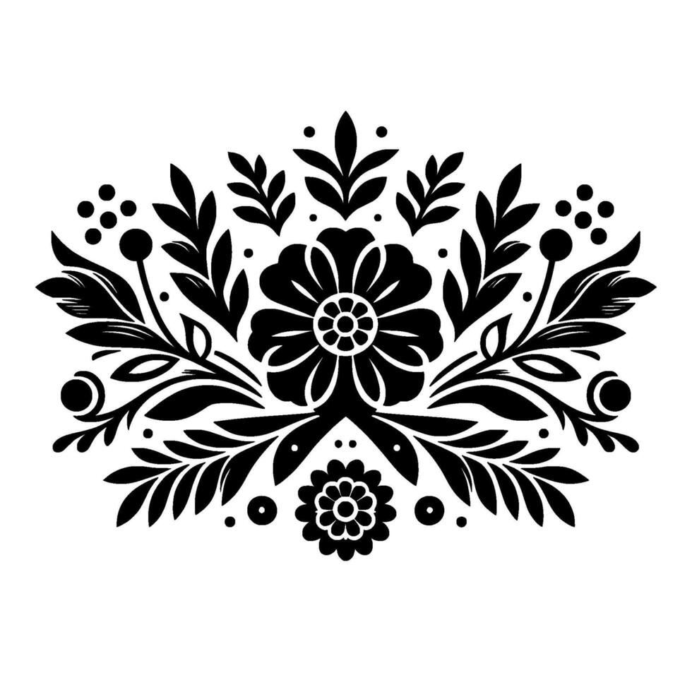 Symmetrical Black Floral Crest with Detailed Leaves, Berries, and Smaller Blossom, Clean White Background. vector