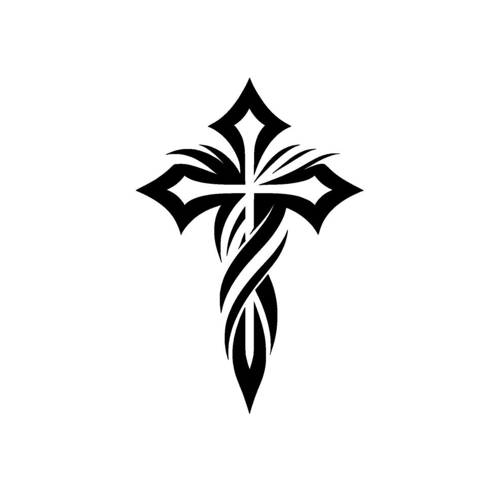 Intricate Black Tribal Cross with Ornamental Details on a White Background, Symbolizing Faith and Spirituality. vector
