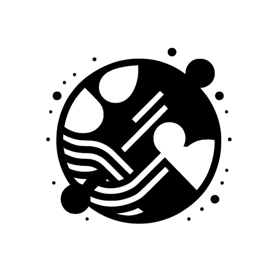 Abstract, , black and white composition with geometric shapes, a circular core with drop, heart, wave shapes, and dot elements. vector