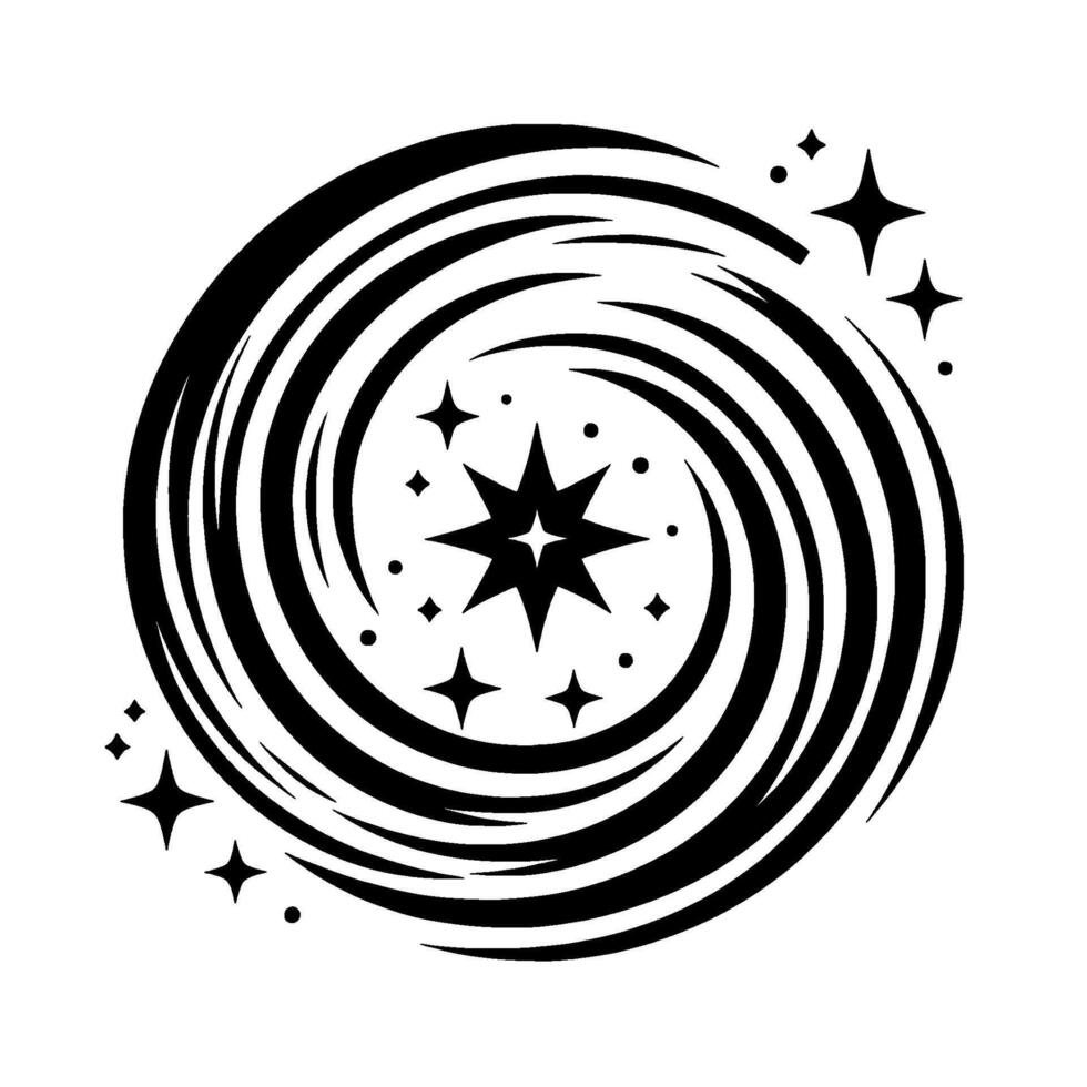 Black and White Spiral Galaxy with Stars A minimalist, stylized illustration featuring a swirling vortex with radiating lines and stars. vector