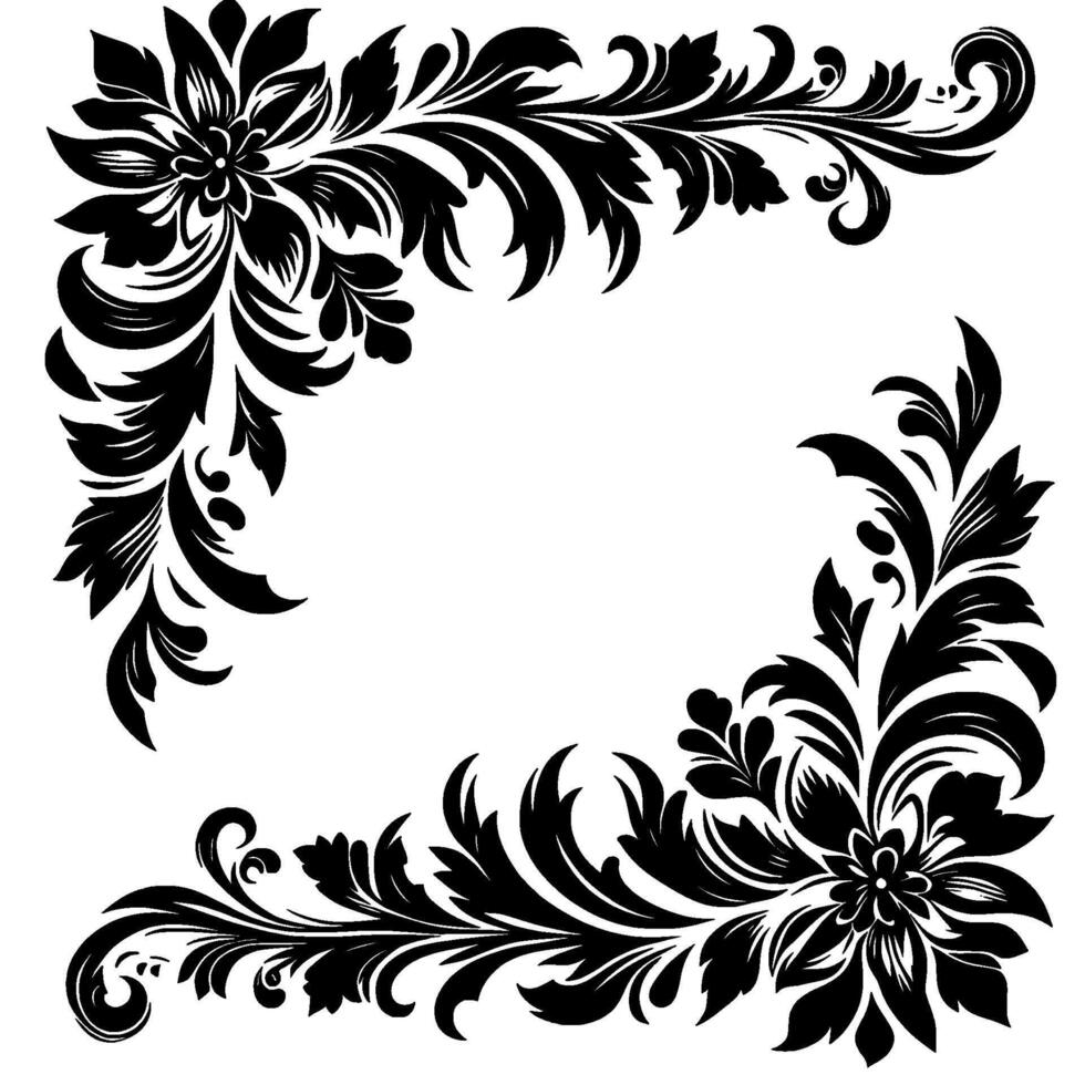 Elegant Black Floral Corner Designs with Leaves and Swirls on White, Creating Symmetry and Framing Space. vector