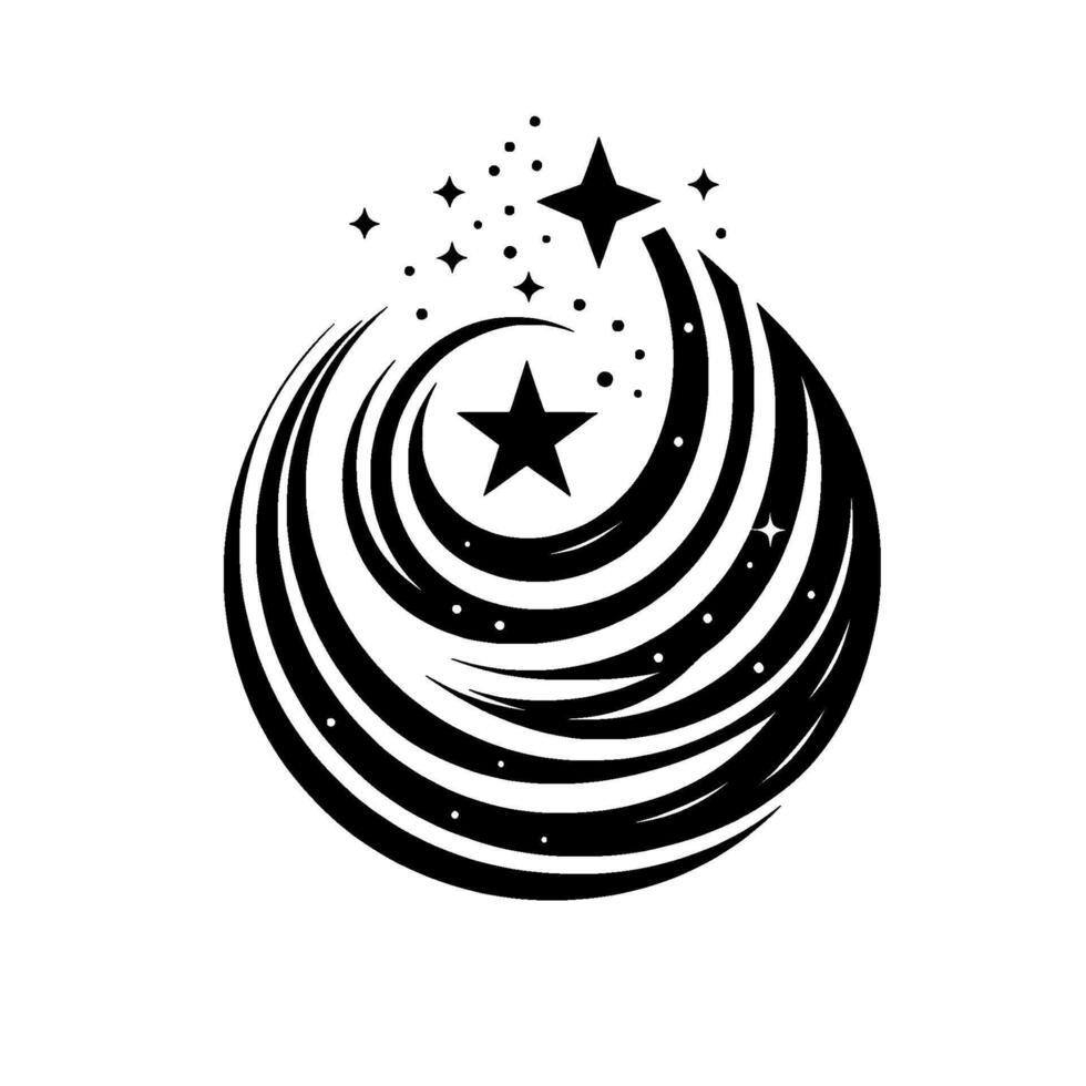 Black and white stylized cosmic , swirling lines form a spherical shape with stars and dots trailing through, representing energy and celestial movement. vector
