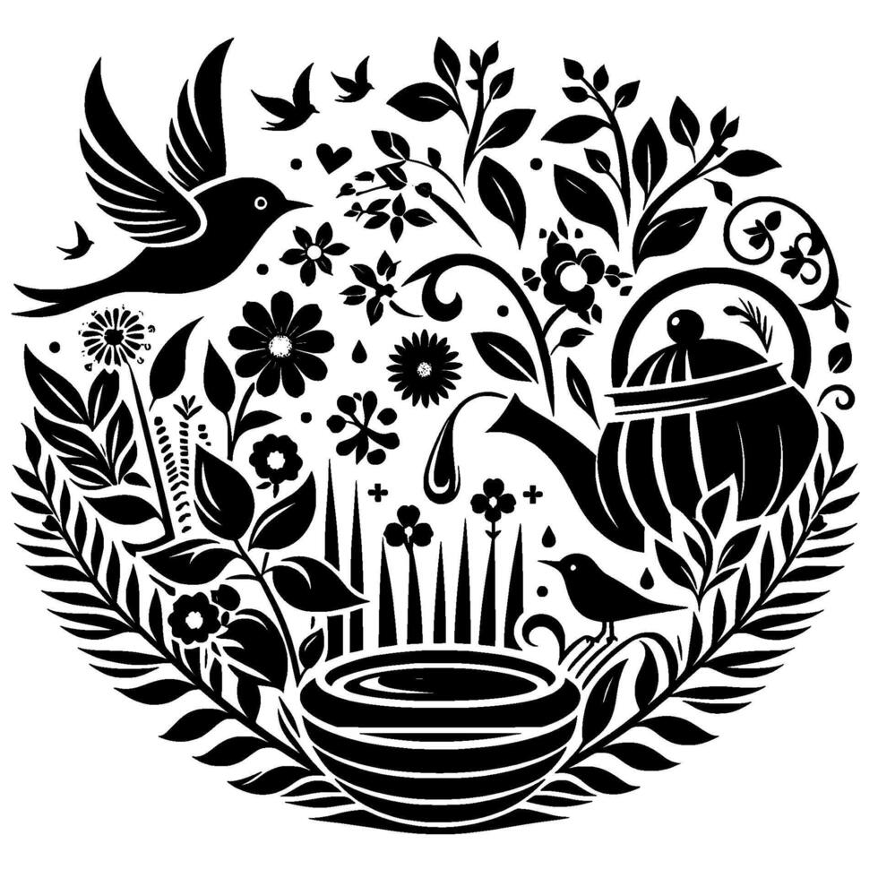 Black and white circular illustration of a teapot pouring into a cup amidst floral elements, birds, and foliage. vector