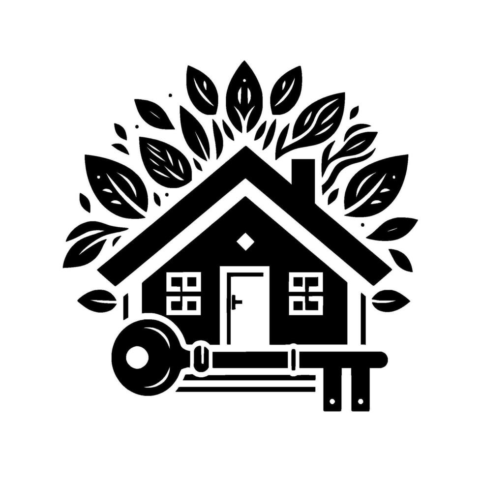 Black White Illustration House surrounded by leafy elements, key included, symbolizing home and security, minimalist . vector