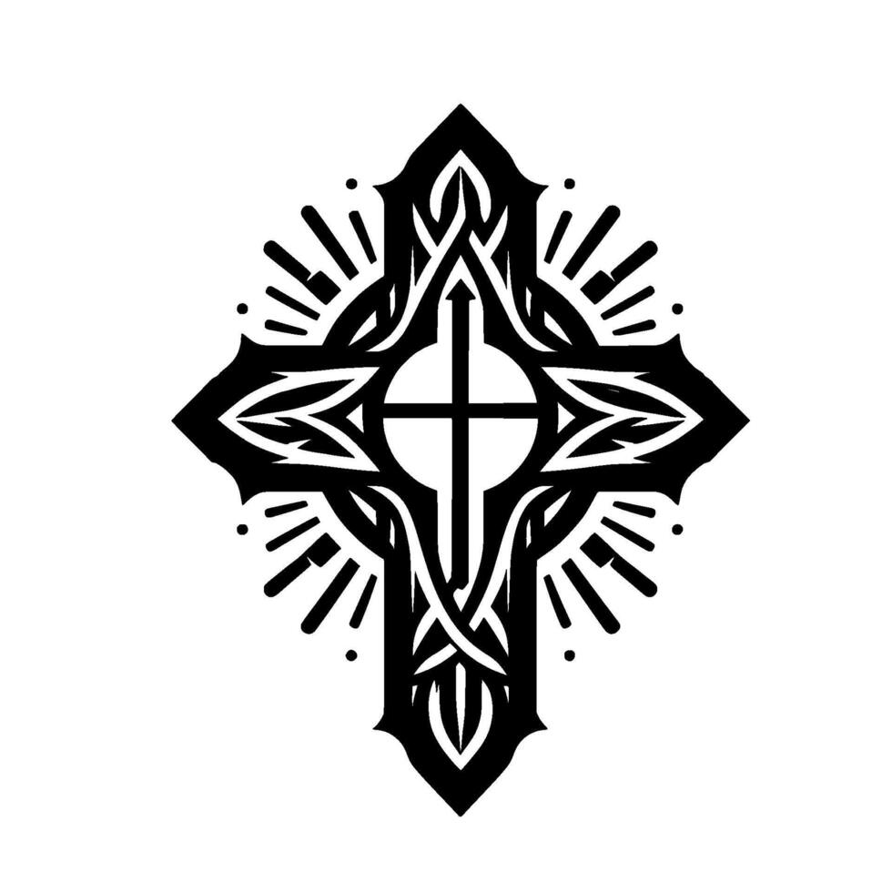 Ornate Black Cross with Intricate Patterns, Radiant Light, and Celtic Knot Elements on White. vector