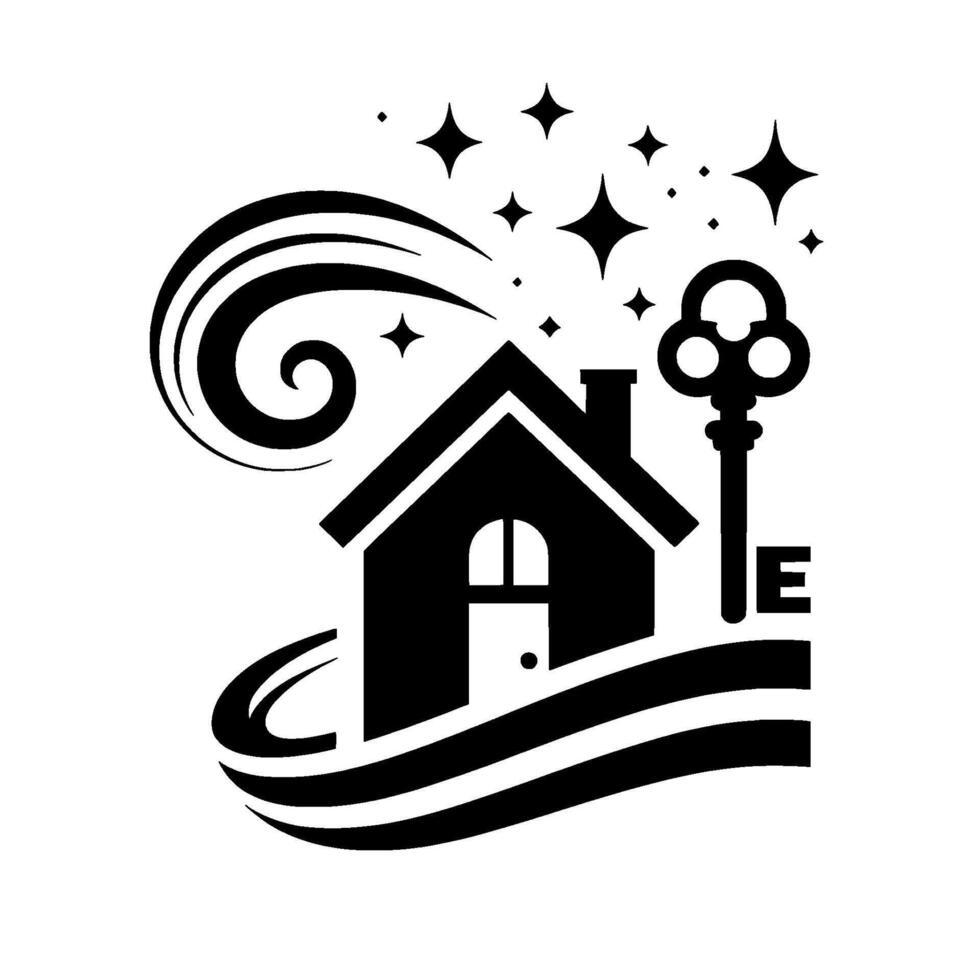 Whimsical Black White Real Estate House, Key, Stars, Evoking Dream Home Concepts, a Magical Home Buying Experience. vector
