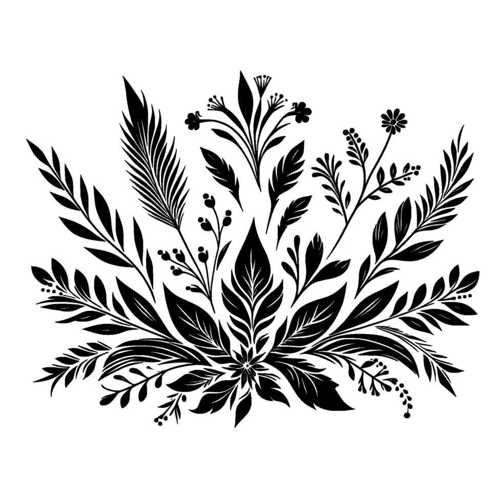 Monochromatic Floral Illustration A Symmetrical Composition of Leaves, Flowers, and Berries, Rendered in Bold Black Silhouettes on a White Background. vector