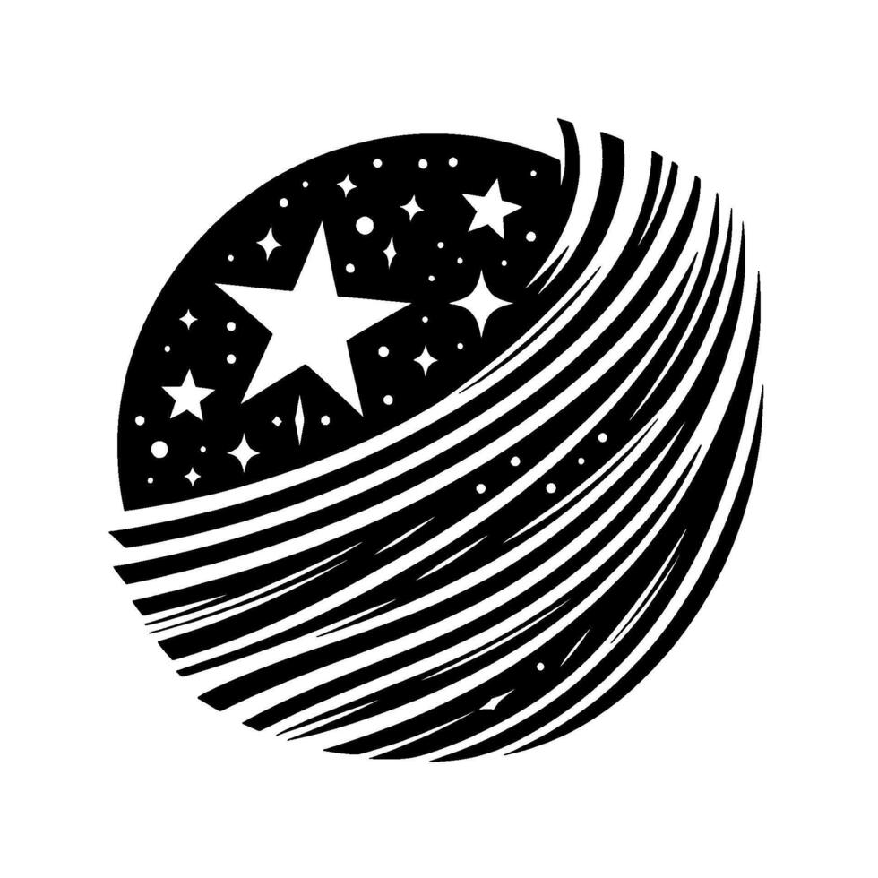 Abstract black and white illustration of an oval shape with a starry night sky and striped pattern, resembling a celestial object in motion, or abstract . vector