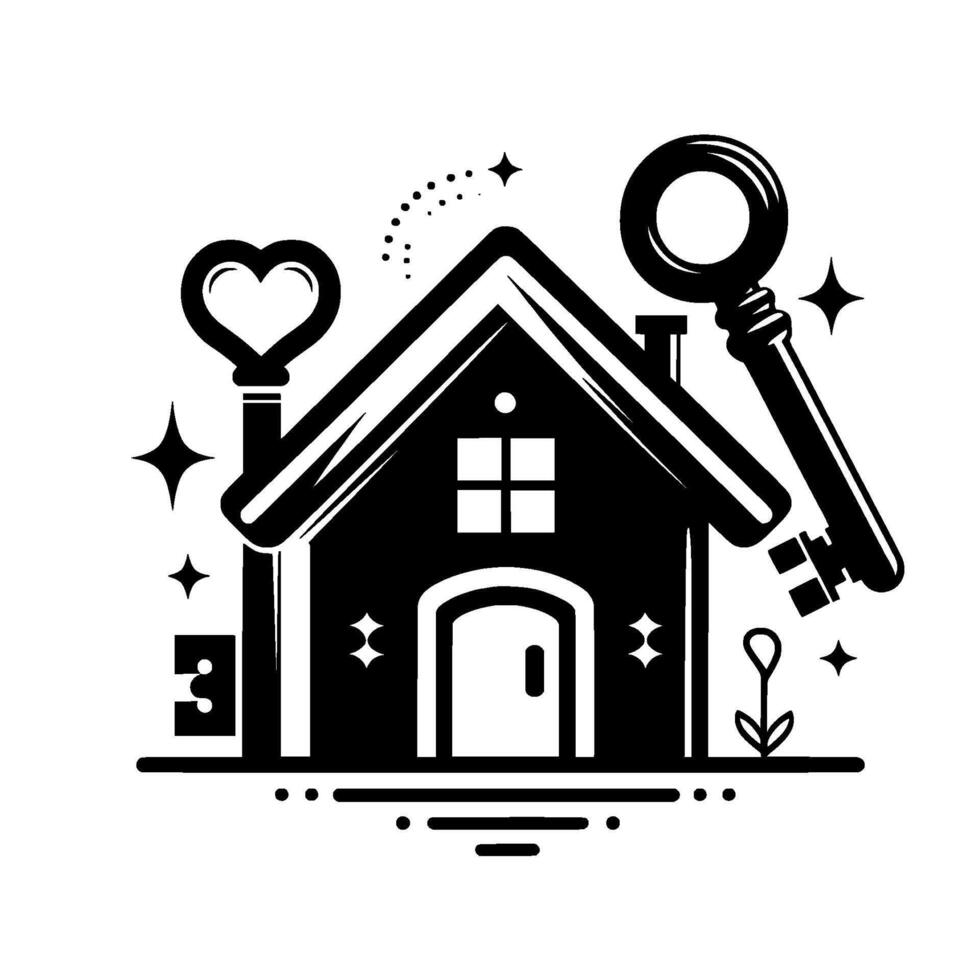 Symbolic Black White House Illustration Featuring Heart Round Keys, Stars, and Floral Detail. vector