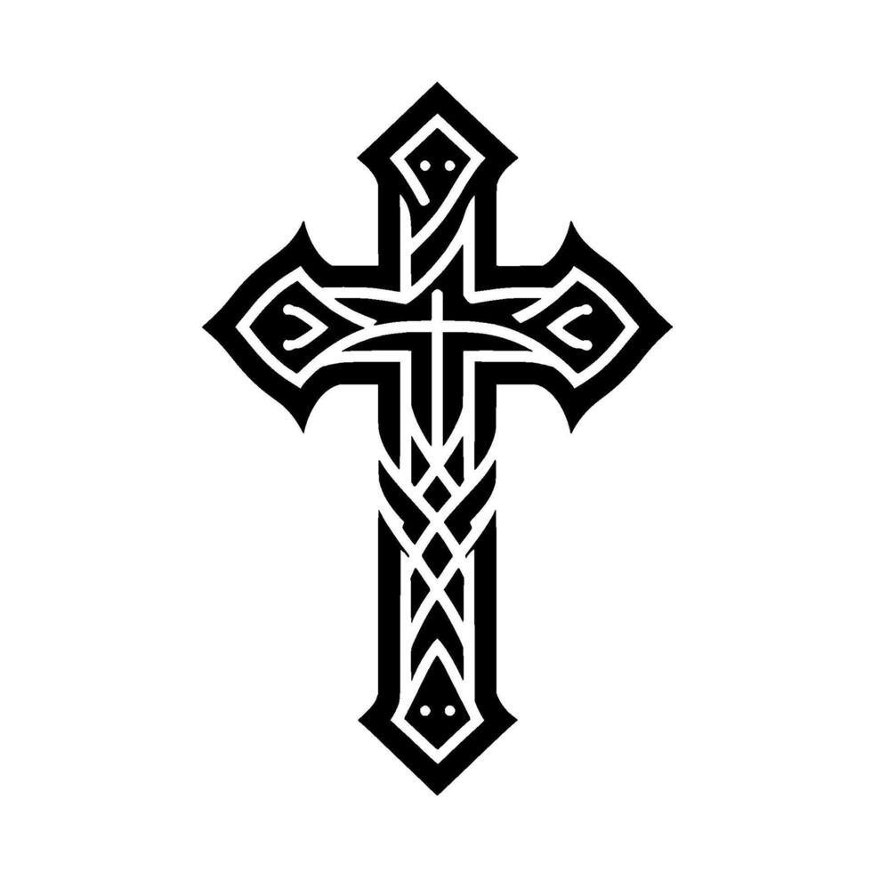 Intricately designed, stylized black Celtic cross illustration with interwoven patterns, set against a clean white background. vector