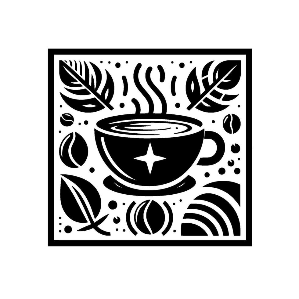 Monochromatic square coffee art featuring a staradorned cup, steam, leaves, beans, and abstract elements, suggesting a cozy and welcoming feel. vector
