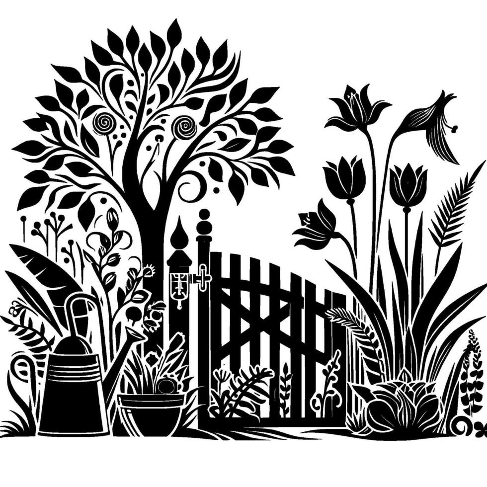 Black and White Garden Scene Illustration Featuring a Tree, Gate, Flowers, and Watering Can, Evoking a Vintage or Whimsical Feel. vector