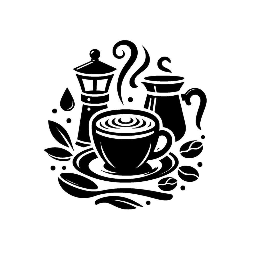 Stylized black and white coffee still life featuring espresso maker, steaming pot, coffee cup, coffee beans and spoon on a white background. vector