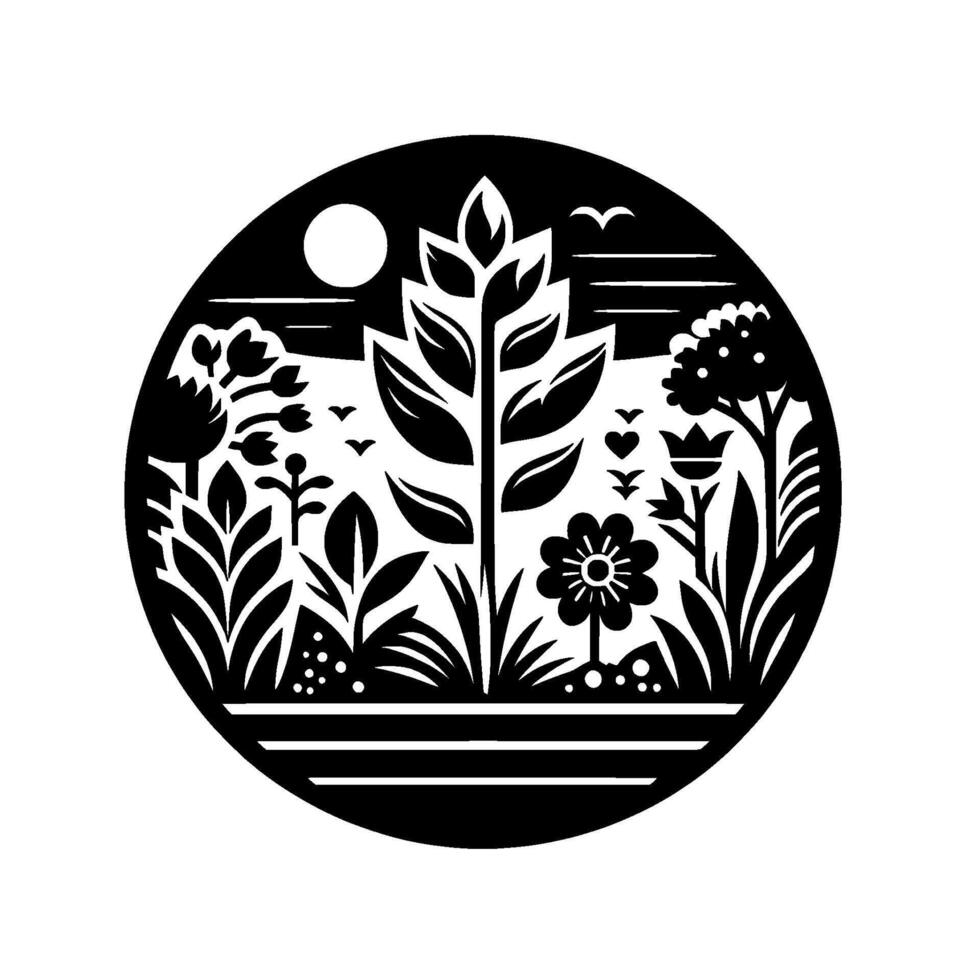 Minimalist Black White Circular Garden Illustration with Diverse Flora, Moon, Birds, and Simple Lines, Symbolizing Nature and Serenity. vector