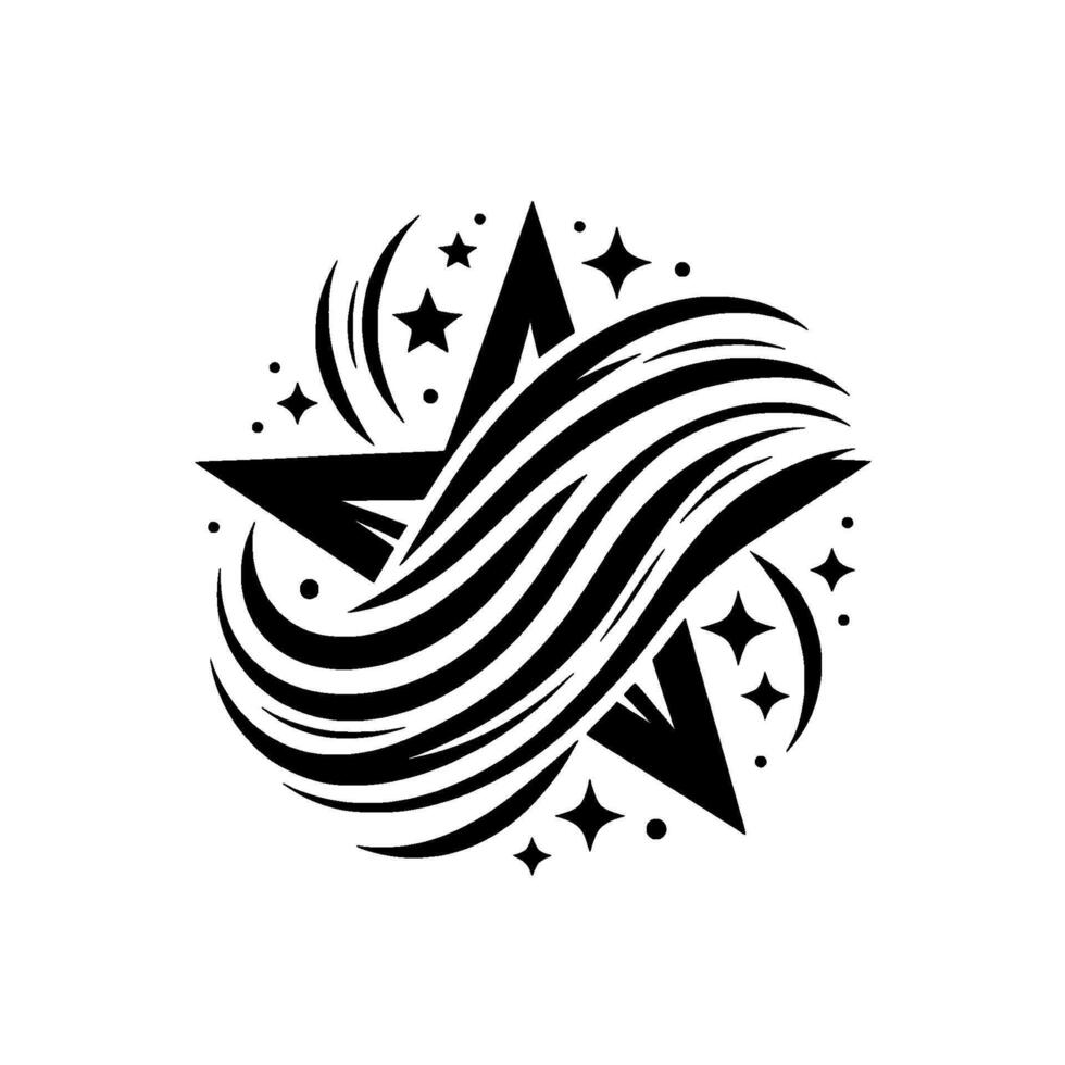 Abstract Black and White Featuring a Star with Curved Lines, Twinkling Stars, and Arcs in a Circular Composition on White vector