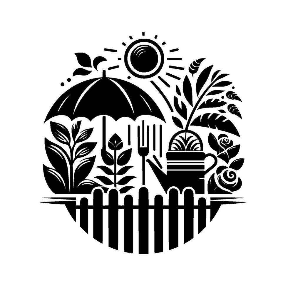 Black White Garden Illustration Umbrella, Sun, Plants, Watering Can, Roses, Fence, Minimalist Art vector