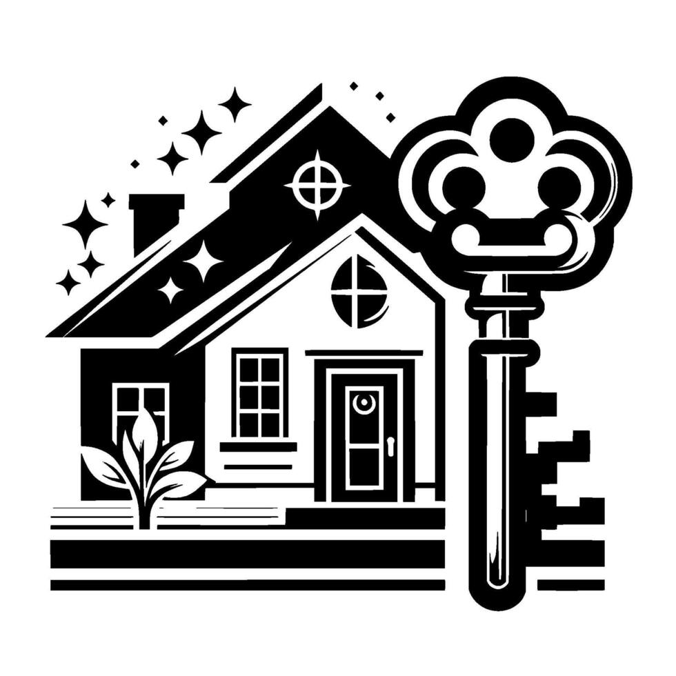 Stylized Black and White Illustration A Home with Key, Sparkles, and Plant, Representing Real Estate Ownership. vector