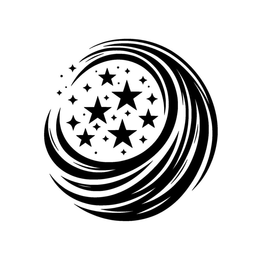 A dynamic black and white , featuring a stylized swirling vortex encircling a cluster of stars, creating a sense of motion and celestial energy. vector