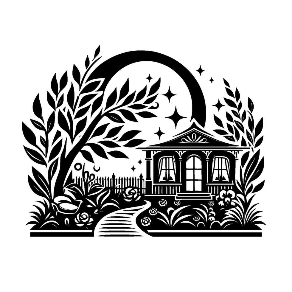 Serene Black and White Illustration Victorian House with Lush Garden, Crescent Moon, and Stars, under a Branch Arch. vector