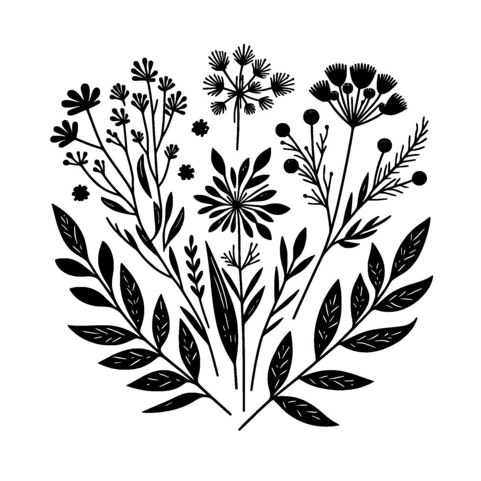 Intricate Black and White Botanical Illustration A Circular Arrangement of Diverse Wildflowers, Leaves, and Foliage on a Plain White Background. vector