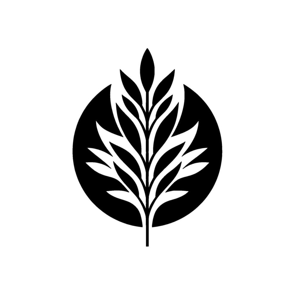 black and white featuring a stylized symmetrical branch with leaves, contained within a solid black circular backdrop against a white background. vector