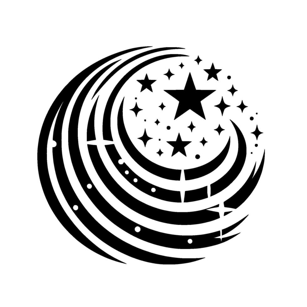 Celestial Vortex Abstract black and white with a swirling composition of crescents, stars, and intersecting lines against a plain white background. vector
