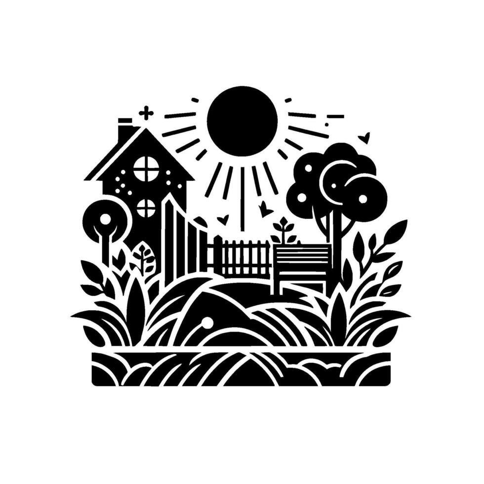 Black and white idyllic garden scene with a house, sun, fence, tree, bench, and lush vegetation, creating a peaceful, illustration. vector