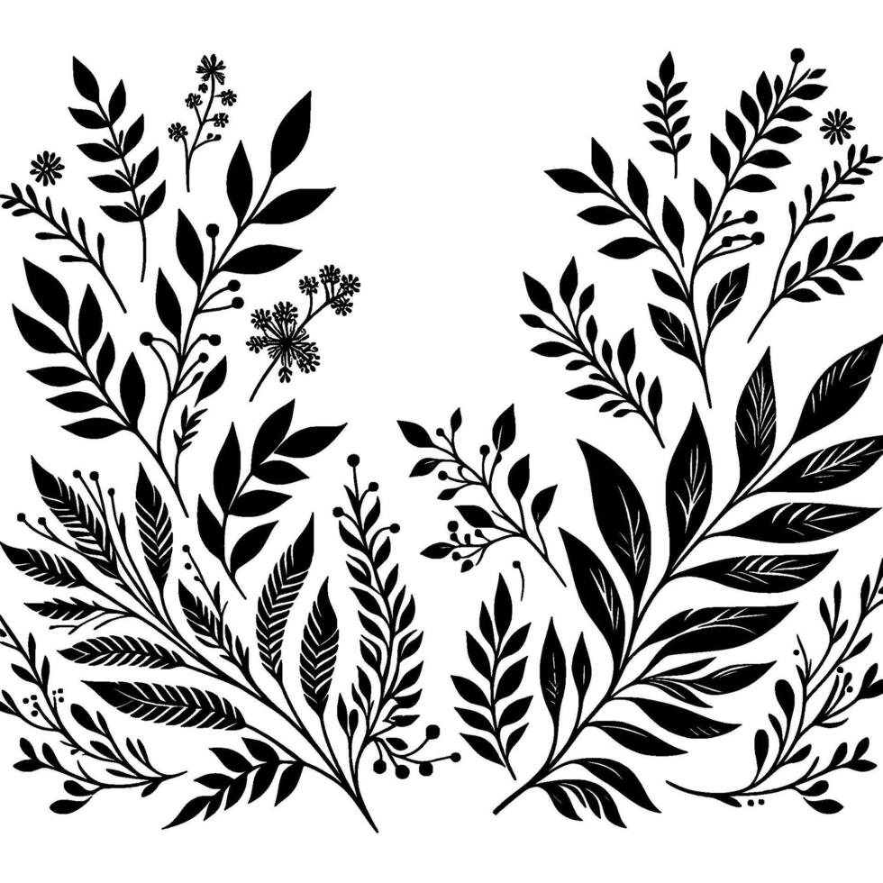 Silhouetted floral illustration of various leaves, branches, and buds in a symmetrical arrangement, black on white. vector