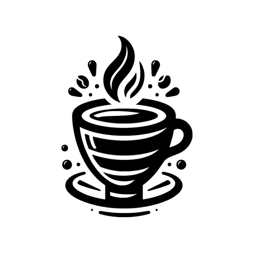 Bold Black and White of Steaming Coffee Cup with Coffee Bean Splashes on a White Background. vector