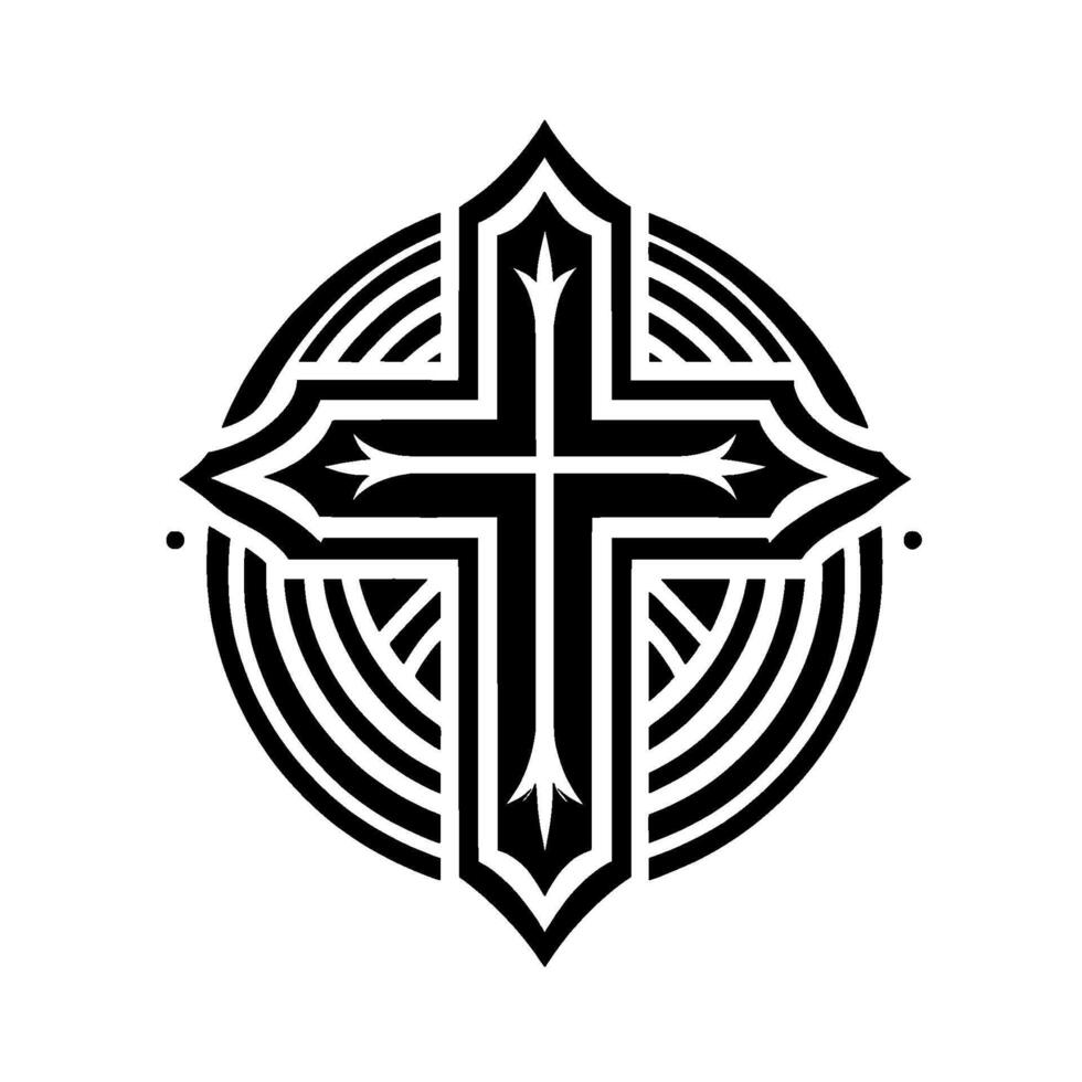 Intricate Black Cross Within Concentric Circle , Geometric, Ornamental, Illustration, White Background. vector