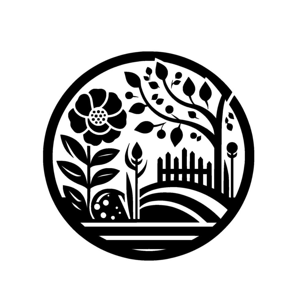 Stylized Black and White Circular Garden Scene Flower, Tree, Fence, and Foliage Composition. vector