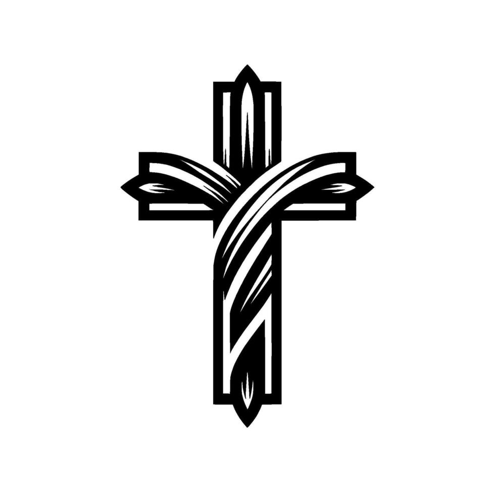 Symbolic Christian Cross with Flowing, Leaflike Elements in Black and White, Isolated on White Background, HighContrast . vector